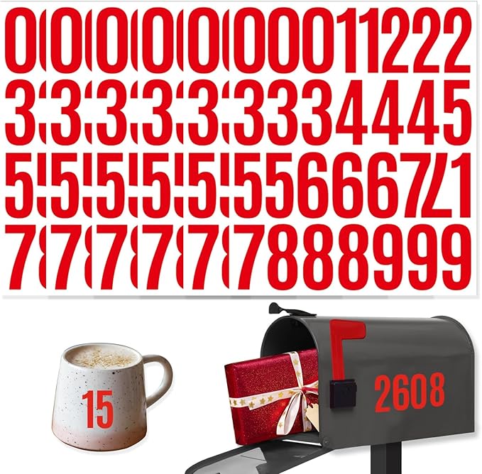 6 Sheets 2 Inch Mailbox Numbers Stickers Vinyl Decals,Self Adhesive Number Waterproof House Address Numbers for Outside Mailbox,Signs,Window,DIY Crafts Making,Door,Car,Home,Business(Red)