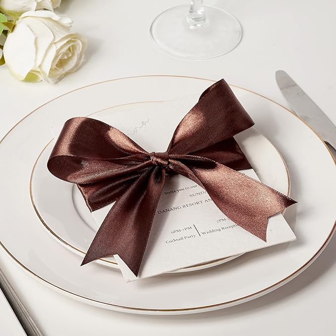 1-1/2 Inch Wide Brown Satin Ribbon, 50 Yards Solid Polyester Fabric Ribbon for Roses Making, Gift Wrapping, Valentine's Day, Wedding Decorations, Crafts, Bows