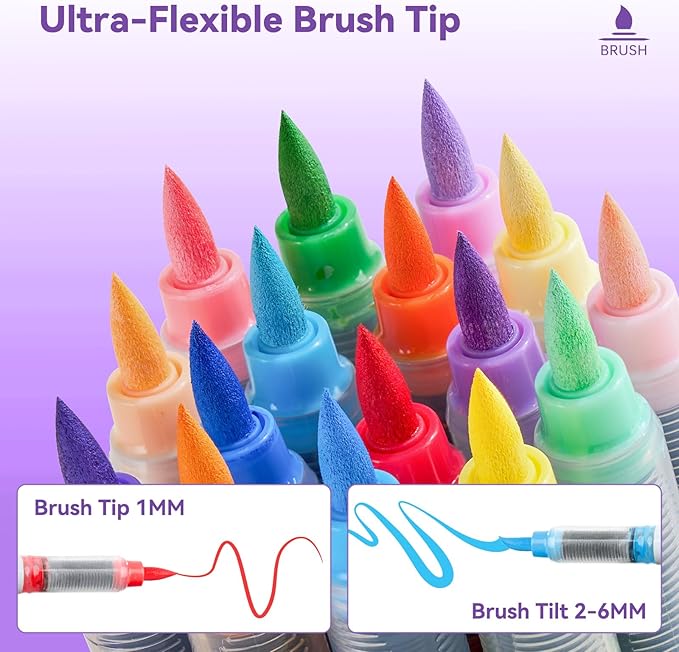 Arrtx 60 Colors Acrylic Markers - Brilliant & Vivid, Water-Based Quick-Dry Ink, Flexible Brush Tip, Waterproof After Drying, Non-Toxic, for DIY Project,Metal,Glass,Fabric,Plastic Multiple Surfaces