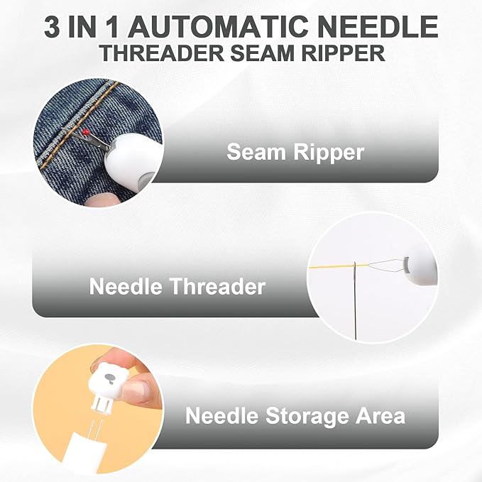 Automatic Needle Threaders Seam Ripper, Upgraded 3 in 1 Sewing Needle Threader Tool, Stretchable Quick Seam Rippers with Needle Storage for Hand Quilling, Embroidery Stitch Removal(Grey)