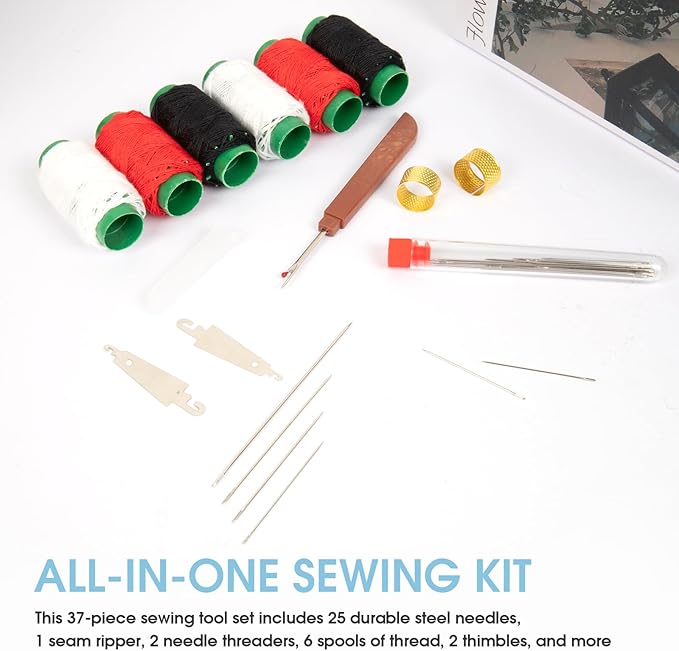 37PCS Sewing Tool Set with 25 Steel Needles, Seam Ripper, Needle Threaders, Threads, Thimbles, Portable Hand Sewing Repair Tools for Embroidery, Crafting & Beginners