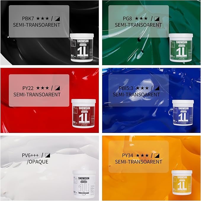 SNOWSUN Acrylic Paint Set, 6 Colors (1L/42.4 fl oz Each) Large Bulk Acrylic Paints, Gloss Non-Toxic Heavy Body Paints - Thick Art Paints for Multi-Surface Canvas Wood Ceramic Fabric Wall- Ideal for Artists & Beginners
