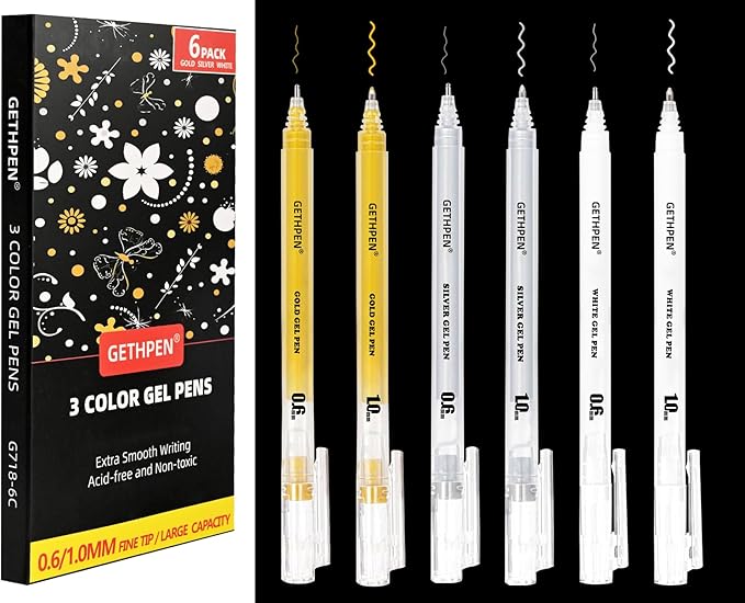 Gold Silver White Gel Pens - 0.6/1.0mm Extra Fine Point,White Ink Pens, Opaque Archival Ink Pen Set for Black Paper Art, Holiday Gifts & Bullet Journaling,Gel Pens for Artists, Card Making,Sketching