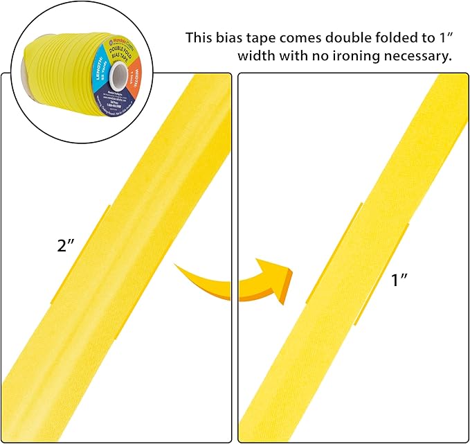 Mandala Crafts 55 Yards 1 Inch Yellow Double Fold Bias Tape for Sewing - Bias Binding Tape for Quilting Binding, Hemming, Seam, and Fabric Piping