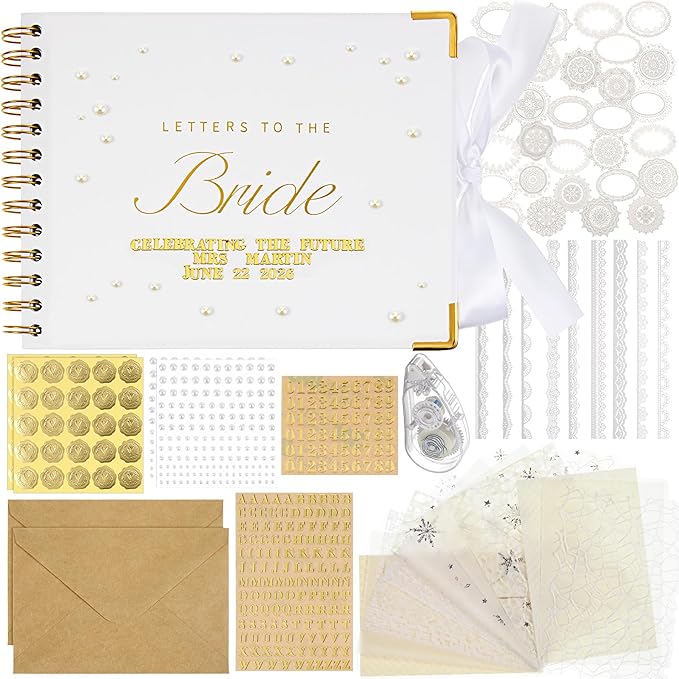 8.5 x 7 Inch Wedding Guest Book Letters to The Bride Scrapbook Wedding Memory Book Bridal DIY Blank Paper Scrapbook Photo Album Guest Sign with Pearl Stickers, Metallic Letters, Bows
