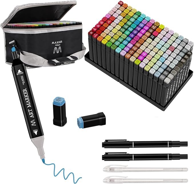 Alcohol Markers Set, 168 Colors Dual Tip Art Marker for Kids Sketching Adult Coloring, Permanent Drawing Marker with Case and Holders
