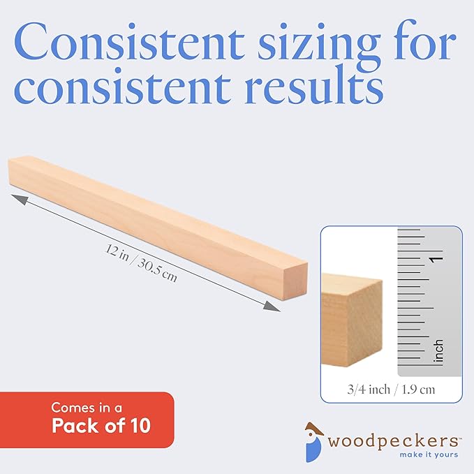 DIY Wooden Square Dowel Rod 3/4-inch x 12 Pack of 10 Hobby Wood Sticks for Crafts, Wood Trim & Architecture Model Making, by Woodpeckers