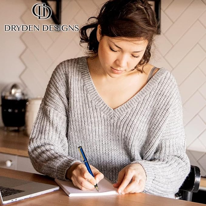 Dryden Designs Fountain Pen. Medium Nib Premium Box | 6 Ink Cartridges Included (Mysterious Blue)