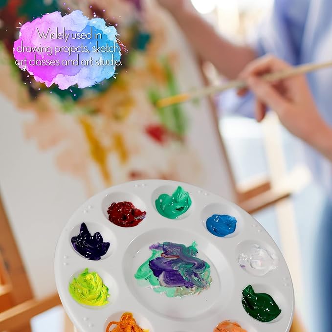 FANDAMEI Round Paint Palettes Plastic Paint Tray Palettes, 6 PCS Paint Tray Palettes, Paint Pallets with 10 Wells for Adults & Kids, for Painting or DIY Craft Class, White