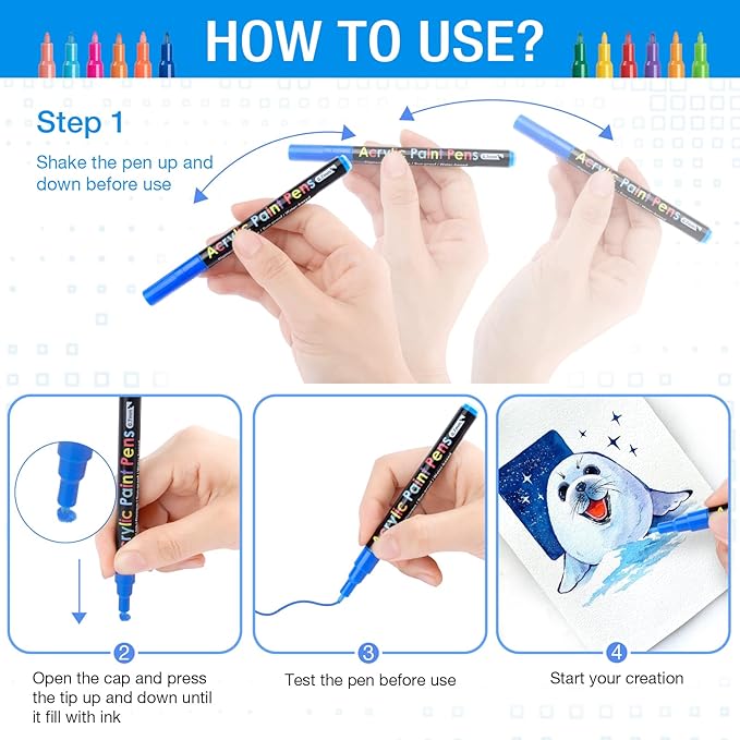 JR.WHITE Acrylic Paint Pens Paint Markers Set of 24: Extra Fine Point Acrylic Markers For Rock Painting Wood Glass Fabric Ceramic For Adults Kids Art Craft