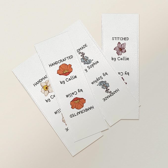 callie Personalized 10-100Pcs Sewing Labels - Custom Birth Flower & Name, Fabric Handmade with Love Sewing Tags for Clothes, Gifts for Knitting DIY Craft Lovers