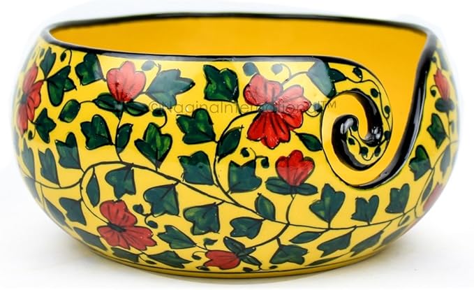 Nagina International Ceramic Attractively Hand Painted Gorgeous Stoneware Yarn Ball Storage Bowl With Innovative Dispensing Curl | Knitting & Crochet Accessions (Large, Yellow Shrubs)