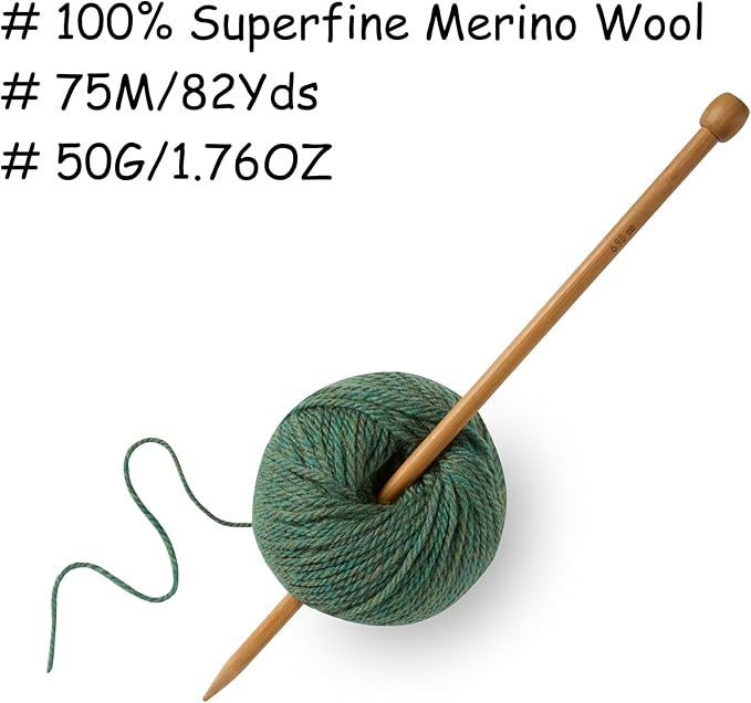 100% Merino Wool Yarn, 3-Ply Luxurious and Soft Yarn for Hand Knitting & Crocheting (Dark Green,1Ball)