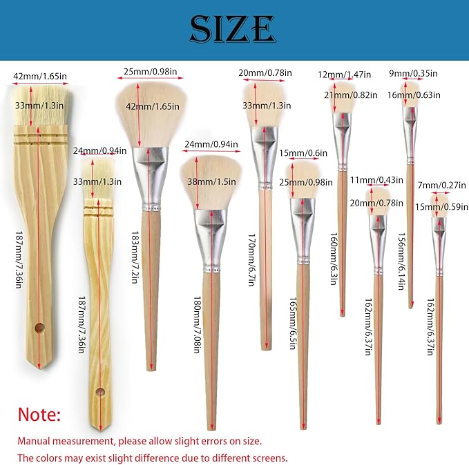 10 PCS Assorted Size Paint Brush Gilding Brush Gold Leaf Goat Hair Duster Flat Hake Brush Sweep Mops for Watercolor, Wash, Ceramic Pottery Painting, Metallic Foil Flakes Art Crafts Supplies