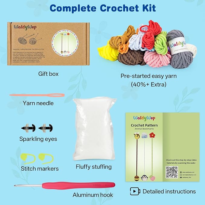 WaldyWop Crochet Kit for Beginners: 3 Animal & Flower Bookmarks Knitting Kits for Girls w/Easy Yarn, Crochet Hook & Easy Video Tutorials-Wobbles Crochet Animal Kit for Adults, Birthday Gifts for Women