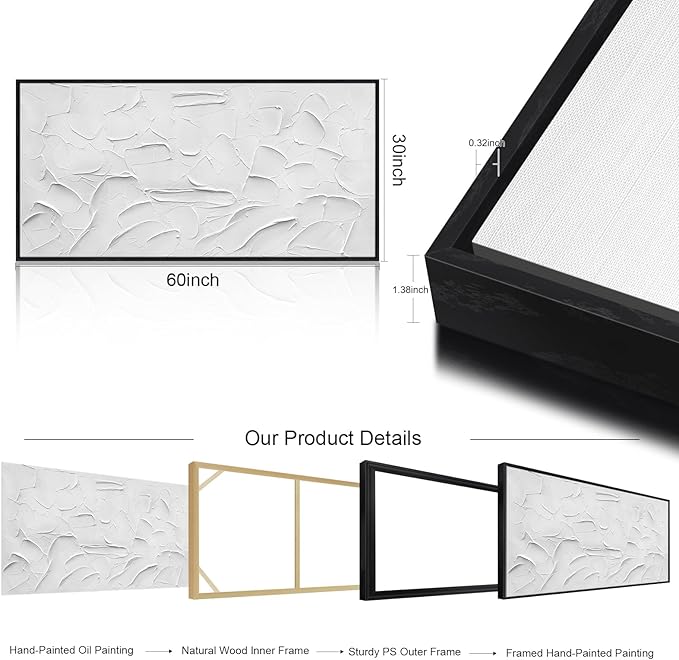 Large Hand-Painted Oil Painting on Canvas Black Frame White Textured Wall Art Abstract Minimalist 3d Artwork Neutral Wall Picture Home Decor for Living Room Bedroom Office Ready to Hang 60x30inch