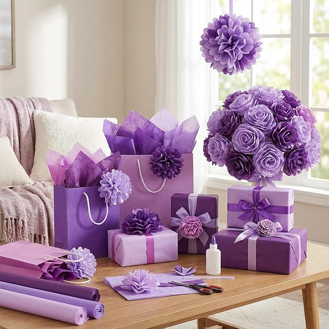 Qilery 500 Sheets Purple Tissue Paper Bulk for Gift Bags Flower Wrapping 15 x 20 Inch Acid Free Packaging Lavender Paper Sheets for Valentine's Day Easter Decoration DIY Craft, Wedding Party, Shipping