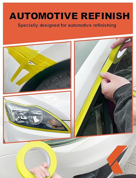 Professional Auto Body Painters Tape, Yellow, 1.41in x 60 yards/3 Rolls, Heat Resistant, No Residue, UV & Moisture Resistant, Ideal for Auto Body Painting, Cars, Trucks, Motorcycles