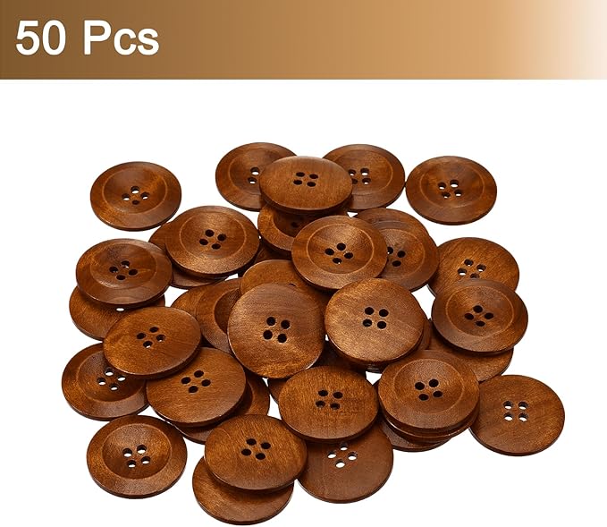 uxcell 50Pcs Wooden Buttons, 30mm(1 3/16") 4 Hole Round Wood Sewing Button Craft for Sewing DIY Craft Clothing, Coffee