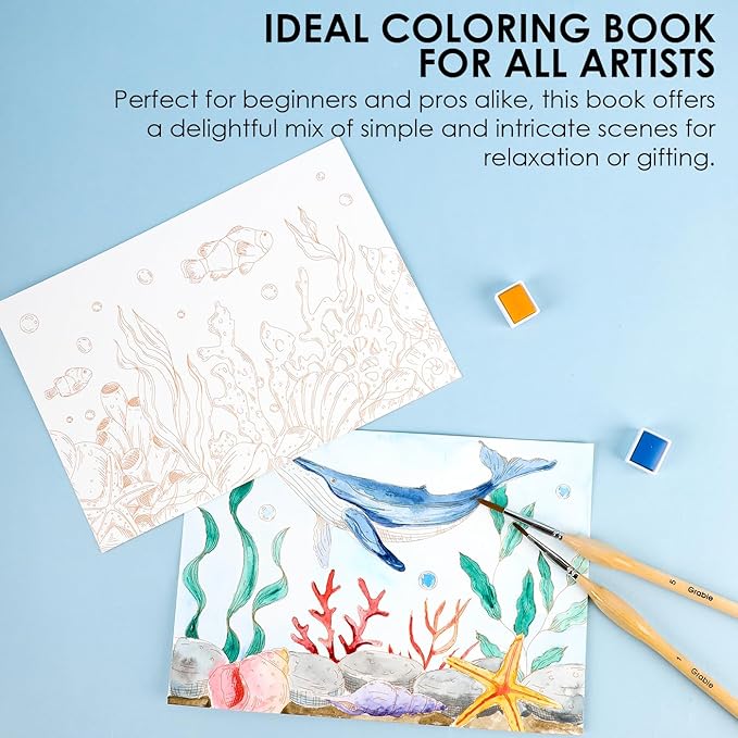 Grabie Watercolor Coloring Book, 15 Sheets A5 (8.3 x 5.8),Watercolor Book for Adults: Ignite Your Artistic Expression on 100% Cotton Paper (Ocean)