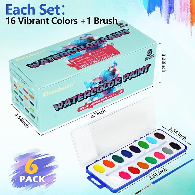 Watercolor Paint Set for Kids - Bulk Pack of 6, 16 Colors Washable Water Color Paints Sets with Paintbrush, Kids Watercolor Paint Set for Coloring, Art, Classrooms and Paint Supplies