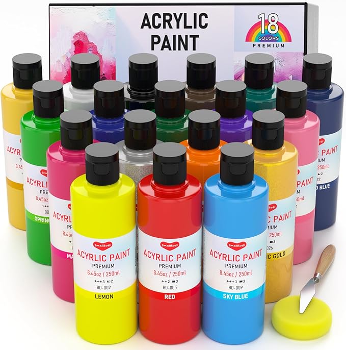 18 Colors Large Acrylic Paint Set (8.45 oz, 250 ml), Bulk Acrylic Paint Non-Toxic Art Painting Supplies on Multi Surface Canvas Wood Craft Fabric Rock for Artist Beginner with Color Wheel