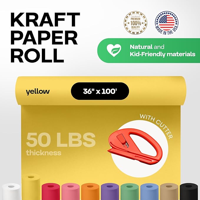 Yellow Kraft Paper Roll 36" x 1200" (100 feet) with Cutter - USA-Made Gift Wrapping Paper for Packing, Moving, Shipping & Crafts/Arts - 100% Recyclable Natural Craft Material by IDL Packaging
