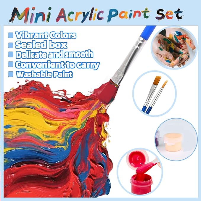50 Pack Mini Acrylic Paint Set, 12 Colors Washable Paint Strips for Kids & Adults - Includes 100 Brushes, 600 PCS kids Paint Kits for Easter Eggs, Birthday, Classroom Party，school supplies