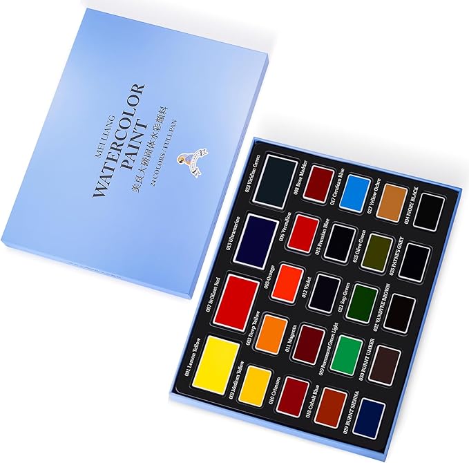 Watercolor Paint Set, 24 Colors Full-Pan Solid Watercolors with 4 Oversized Primary Colors, Highly Pigmented, Removable & Refillable Pans, Ideal for Beginners, Artists & All Skill Levels