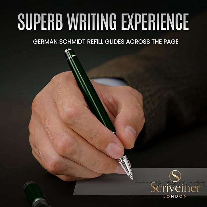 Scriveiner Personalized British Racing Green Rollerball Pen - Stunning Green Lacquer Luxury Pen with Chrome Finish, Schmidt Ink Refill, Engraved Roller Ball Gift Set for Men & Women, Custom Engraving