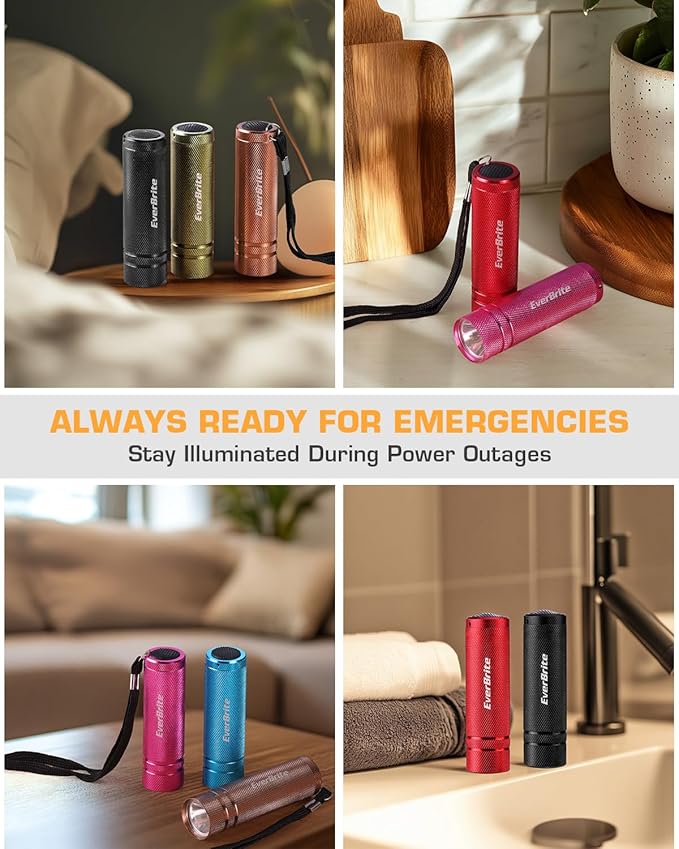 EverBrite 6-Pack Mini Flashlight Set, Aluminum LED Handheld Torches with Lanyard, Assorted Colors, 18 AAA Batteries Included for Emergency, Camping, Power Outage, Bulk Holiday Gifts
