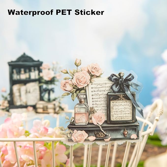 90PCS Vintage PET Stickers, Flowers, Typewriters, Books, Lace & Letters in Retro Aesthetic Style, Transparent Waterproof Stickers for Scrapbook, Journal, DIY Crafts & Decoration