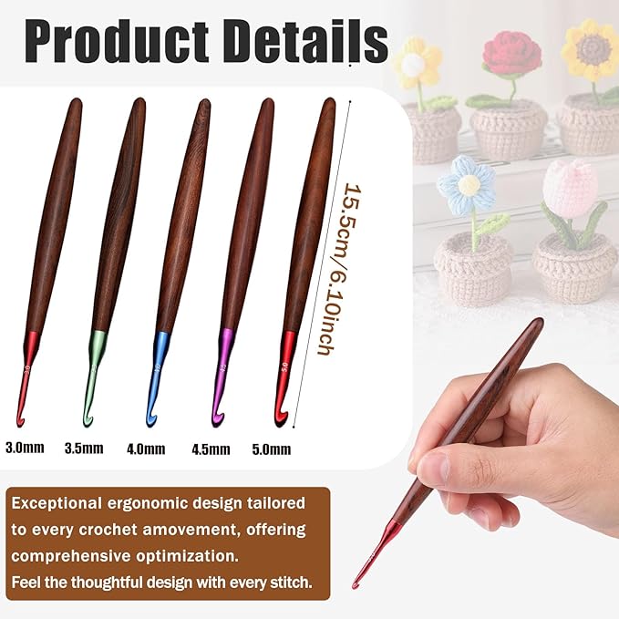 Giwrmu Crochet Hooks 5 Pcs, 3.0mm/3.5mm/4.0mm/4.5mm/5.0mm Ergonomic Crochet Hook, Colored Aluminum Crochet Hook with Wooden Handle Crochet Needle for Crocheting Yarn
