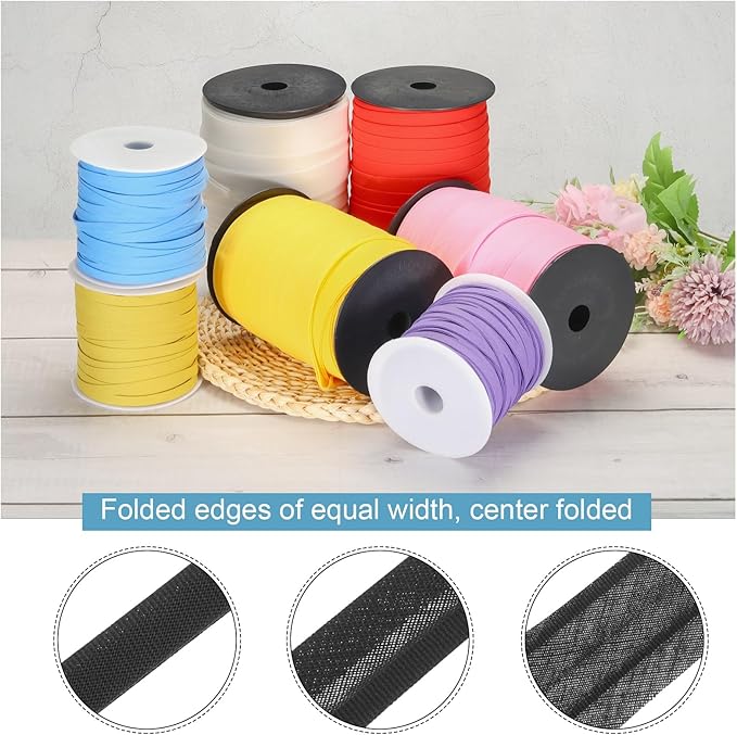 MECCANIXITY 1/4 Inch Double Fold Bias Tape Polyester Continuous Bulk Bias Tape for Sewing,Seaming Quilting Hemming Binding Crafts (Black 55 Yards)