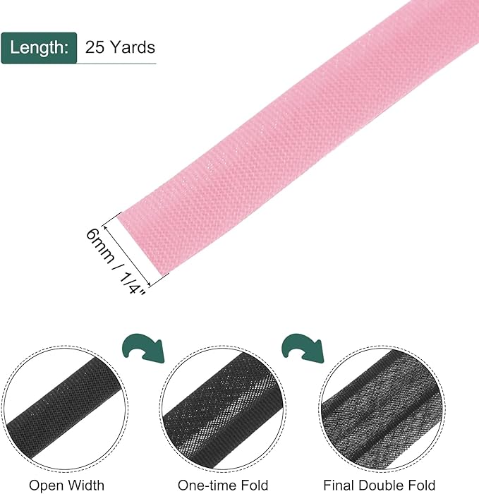 MECCANIXITY 1/4 Inch Double Fold Bias Tape Polyester Continuous Bulk Bias Tape for Sewing,Seaming Quilting Hemming Binding Crafts (Pink 25 Yards)