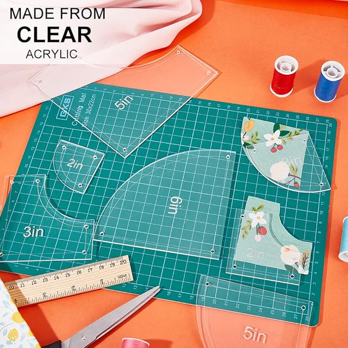 BENECREAT 10Pieces Quilting Acrylic Template Set, 2/3/4/5/6Inch Transparent Rulers with Film Protection, for DIY Kitchen Art Craft