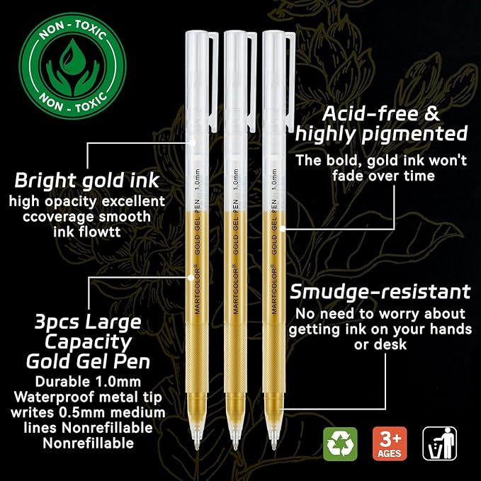 Gold Gel Pens, 1mm Fine Point Gel Ink Pen Opaque Archival Ink Pens for Black Paper Drawing, Sketching, Illustration, Card Making, Bullet Journaling, 3 Pack