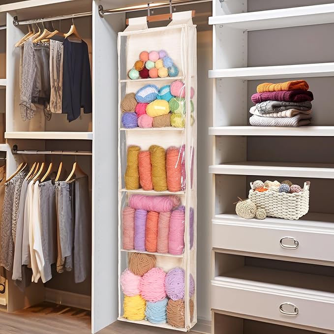 Hanging Yarn Storage with 5 Large Pockets, Clear Knitting Organizer Storage with Zippers for Crochet Lovers, Hanging Yarn Holder with Over-Door Hooks for Knitting Needles Crochet Hooks,Beige