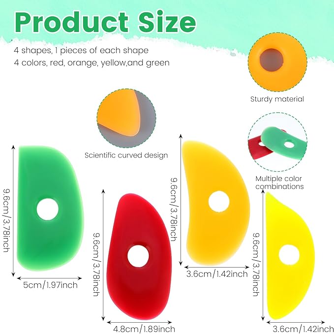 4 Pcs Silicone Pottery Ribs Ceramics Tools Multi Styles Pottery Rubber Clay Ceramic Ribs Soft Silicone Sculpting Tools for DIY Smooths Shapes Pottery Trimming Tools (4 Colors)