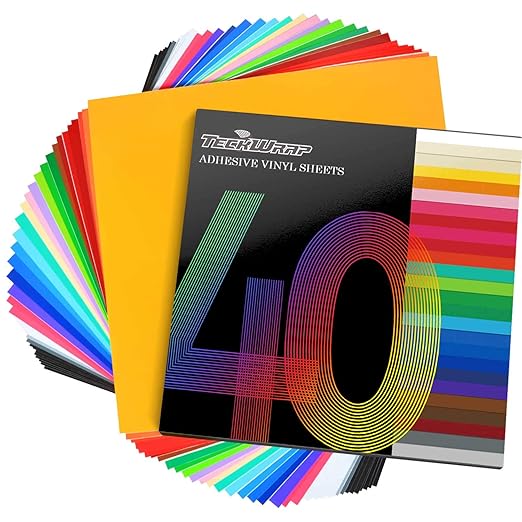 TECKWRAP Permanent Vinyl 12" x 12" 40 Sheets/Pack Assorted Colors Adhesive Vinyl Sheets for Cutting Machine, DIY Craft, Sticker, Car Decal, Party Decoration