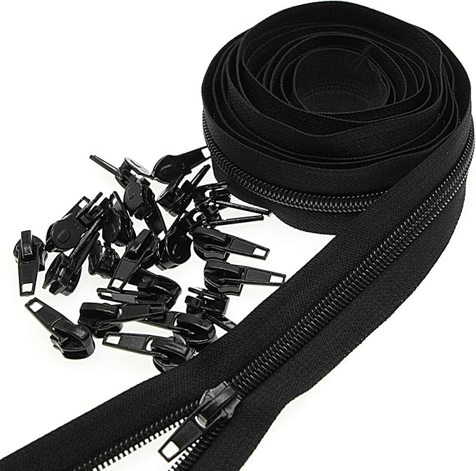 Leekayer #5 Black Nylon Coil Zippers by The Yards Bulk 10 Yards with 25pcs Sliders for DIY Tailor Sewing Craft, Luggage, Dress, Sofa Cushion, Pillow, Bag