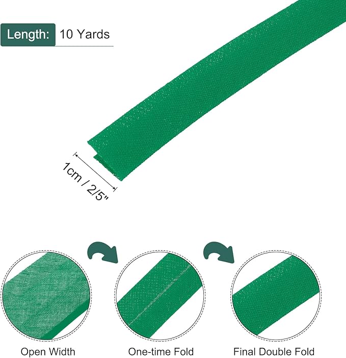 MECCANIXITY 2/5 Inch Double Fold Bias Tape Polyester Continuous Bulk Bias Tape for Sewing,Seaming Quilting Hemming Binding Crafts (Green 10 Yards)