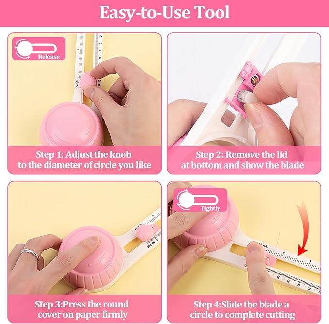 Circle Paper Cutters，Adjustable Rotary Circle Cutter，Circular Cardboard Circle Cutter with 3 Replaceable Blades, Trimmer Scrapbooking Tools，DIY Craft Cutting Tools Pink