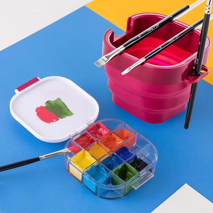Falling in Art Paint Palette, Airtight 16 Wells Storage Palette Box with Lid and Folding Paint Brush Basin for Watercolor, Gouache and Acrylic Painting (Red)