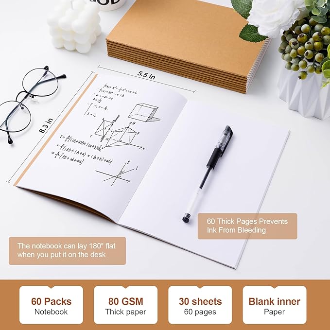 60PCS A5 Blank Kraft Notebooks Bulk, 8.3x5.5inch Unlined Paper Composition Notebook, 60 Pages Travel Journal Notebook Set for Work, School, Student,Kids and Writing