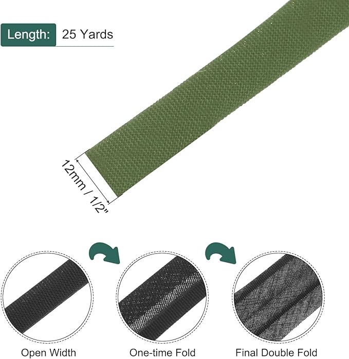 MECCANIXITY 1/2 Inch Double Fold Bias Tape Polyester Continuous Bulk Bias Tape for Sewing,Seaming Quilting Hemming Binding Crafts (Dark Green 25 Yards)