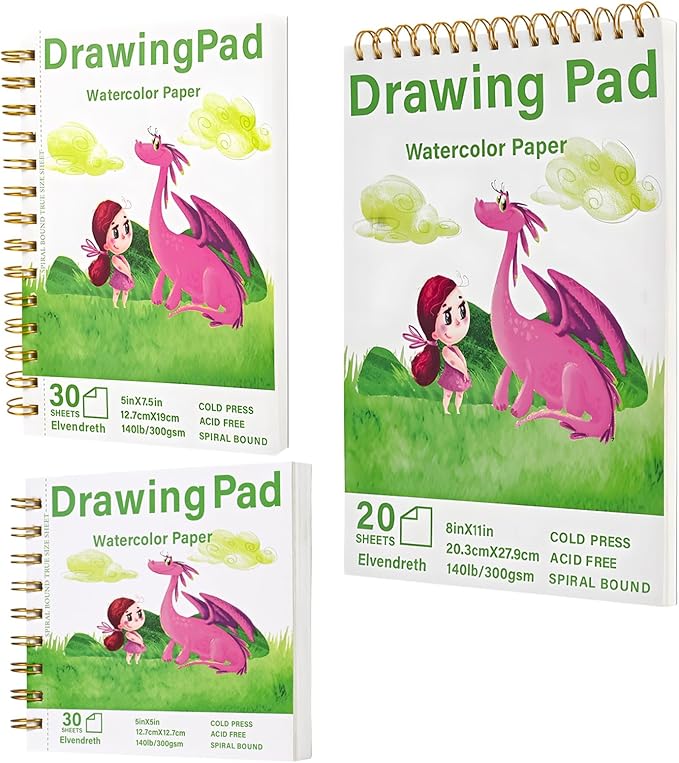 3-Pack Watercolor Set 5"x5"-5"x7.5"-8"x11"-Drawing Paper Pad,Spiral Bound, 20 Sheets 140lb/300gsm Watercolor Paper Pad, Watercolor Sketchbooks for Artist Supplies, Painting, Drawing and Art Journals