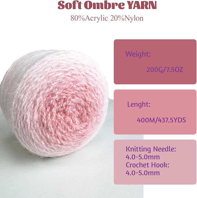 MSD&FT Ombre Yarn, 80% Acrylic 20% Nylon Blend, Pink Gradient, 4-Pack (Quartz Pink)