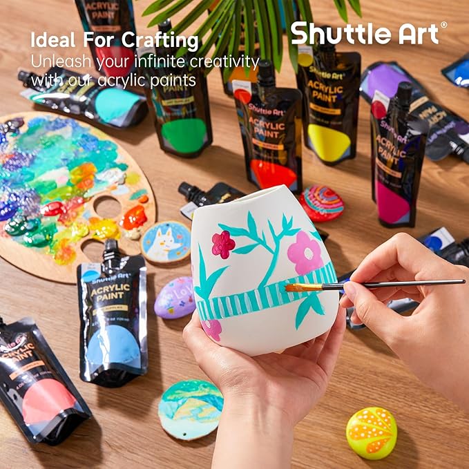 Shuttle Art Acrylic Paint, 18 Colors Acrylic Paint Pouches (120ml/4.06oz), Artist Grade Paint Set, Rich Pigments, Non-Toxic for Artists, Beginners and Kids on Rocks Crafts Canvas Wood Ceramic
