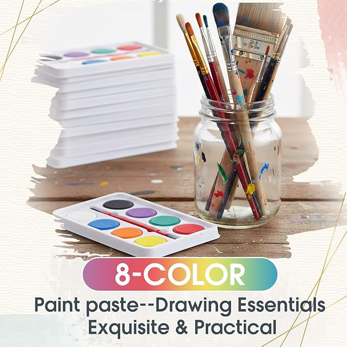 Outus 144 Pcs Watercolor Paint Set Bulk Mini Paint Set Washable Watercolor Palette with Painting Brushes for Art Party Supplies Prizes Stocking Stuffers, 3.3 x 2.6 Inch(8 Colors)
